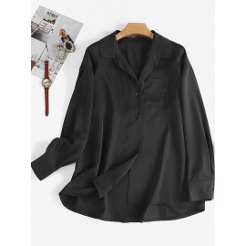 Women Solid Chest Pocket Button Up Long Sleeve Shirt Women Solid Chest Pocket Button Up Long Sleeve Shirt