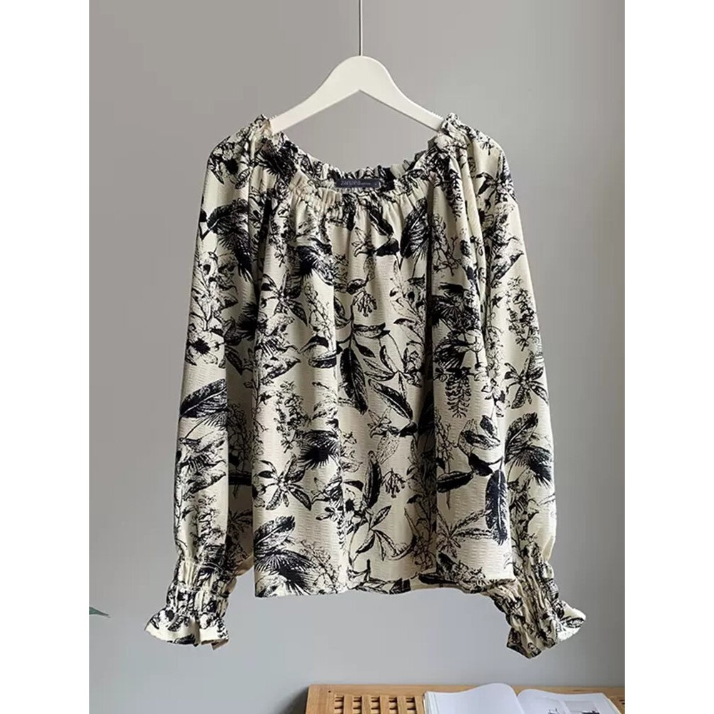 Women Allover Floral Plant Print Off Shoulder Long Sleeve Blouse Women Allover Floral Plant Print Off Shoulder Long Sleeve Blouse