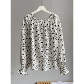 Women Allover Floral Plant Print Off Shoulder Long Sleeve Blouse Women Allover Floral Plant Print Off Shoulder Long Sleeve Blouse