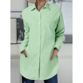 Women Solid Button Front High-Low Hem Long Sleeve Shirt