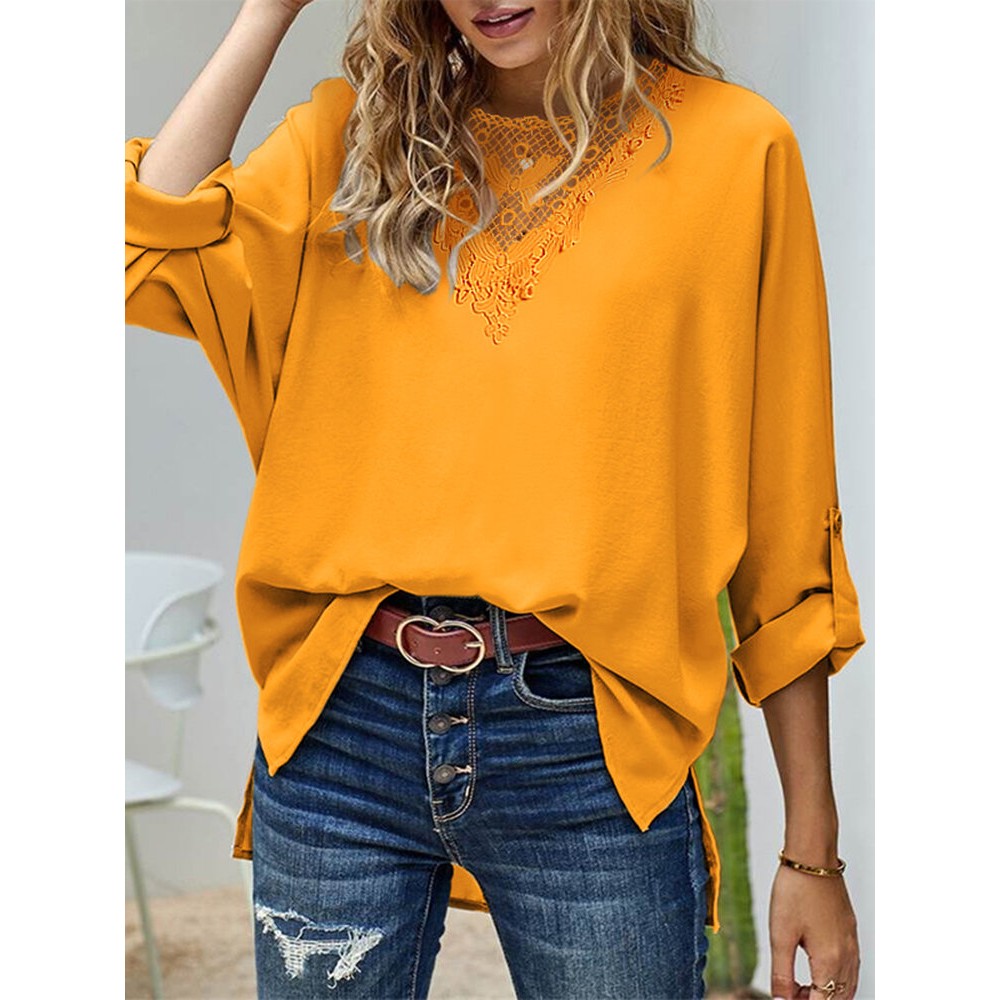 Women Lace Splice High-Low Hem Long Sleeve Blouse Women Lace Splice High-Low Hem Long Sleeve Blouse