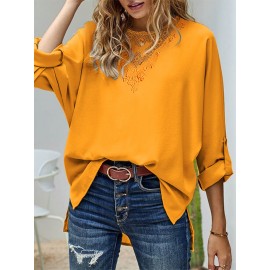 Women Lace Splice High-Low Hem Long Sleeve Blouse