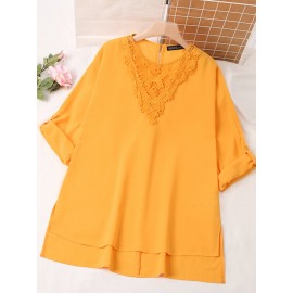 Women Lace Splice High-Low Hem Long Sleeve Blouse Women Lace Splice High-Low Hem Long Sleeve Blouse
