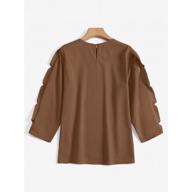 Women Solid Crew Neck Pearls Detail 3/4 Sleeve Blouse