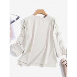 Women Solid Crew Neck Pearls Detail 3/4 Sleeve Blouse