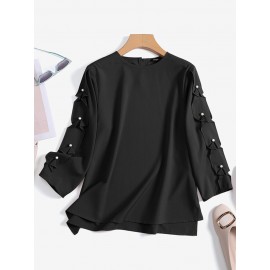 Women Solid Crew Neck Pearls Detail 3/4 Sleeve Blouse