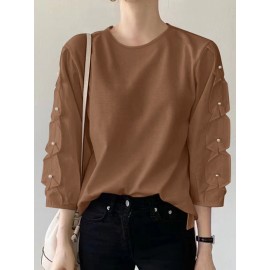 Women Solid Crew Neck Pearls Detail 3/4 Sleeve Blouse