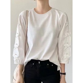 Women Solid Crew Neck Pearls Detail 3/4 Sleeve Blouse
