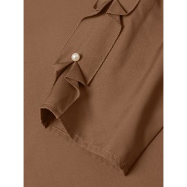 Women Solid Crew Neck Pearls Detail 3/4 Sleeve Blouse