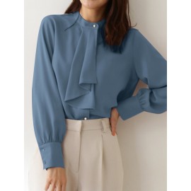 Women Plain Stand Collar Ruffle Trim Long Sleeve Shirt