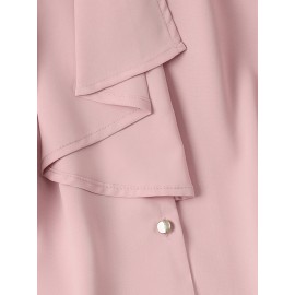 Women Plain Stand Collar Ruffle Trim Long Sleeve Shirt
