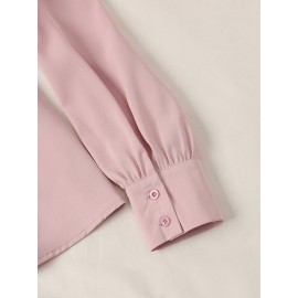 Women Plain Stand Collar Ruffle Trim Long Sleeve Shirt