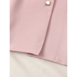 Women Plain Stand Collar Ruffle Trim Long Sleeve Shirt