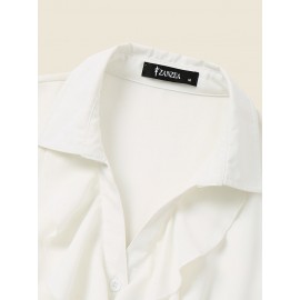 Solid Ruffle Button Lapel Long Sleeve Blouse Solid Ruffle Button Lapel Long Sleeve Blouse