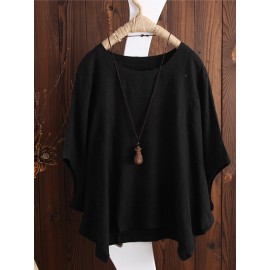 Women Solid Crew Neck Dolman Sleeve Cotton Blouse