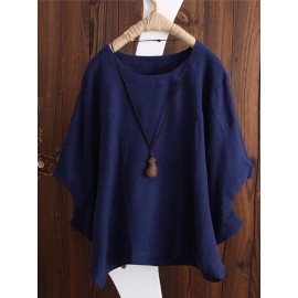 Women Solid Crew Neck Dolman Sleeve Cotton Blouse