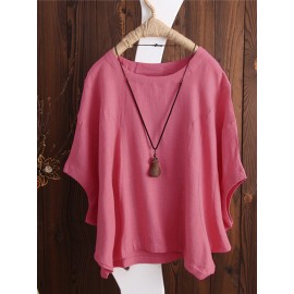 Women Solid Crew Neck Dolman Sleeve Cotton Blouse