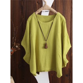 Women Solid Crew Neck Dolman Sleeve Cotton Blouse