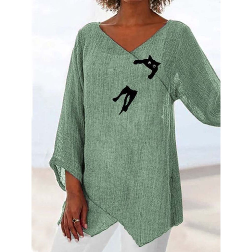 Women Cute Cat Print Wrap Design Cotton 3/4 Sleeve Blouse Women Cute Cat Print Wrap Design Cotton 3/4 Sleeve Blouse