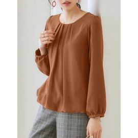 Women Solid Pleated Crew Neck Elastic Hem Long Sleeve Blouse Women Solid Pleated Crew Neck Elastic Hem Long Sleeve Blouse