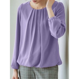 Women Solid Pleated Crew Neck Elastic Hem Long Sleeve Blouse Women Solid Pleated Crew Neck Elastic Hem Long Sleeve Blouse
