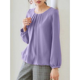Women Solid Pleated Crew Neck Elastic Hem Long Sleeve Blouse Women Solid Pleated Crew Neck Elastic Hem Long Sleeve Blouse