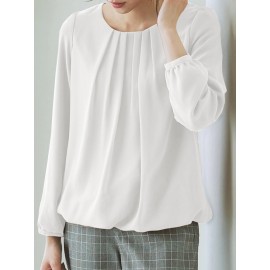 Women Solid Pleated Crew Neck Elastic Hem Long Sleeve Blouse Women Solid Pleated Crew Neck Elastic Hem Long Sleeve Blouse
