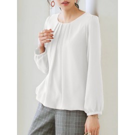Women Solid Pleated Crew Neck Elastic Hem Long Sleeve Blouse Women Solid Pleated Crew Neck Elastic Hem Long Sleeve Blouse