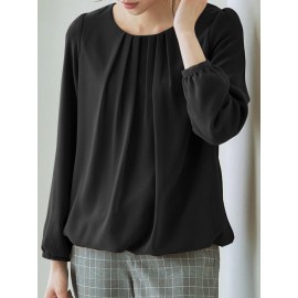 Women Solid Pleated Crew Neck Elastic Hem Long Sleeve Blouse Women Solid Pleated Crew Neck Elastic Hem Long Sleeve Blouse