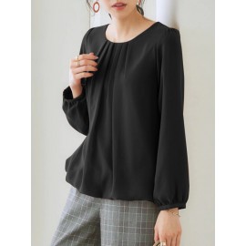 Women Solid Pleated Crew Neck Elastic Hem Long Sleeve Blouse Women Solid Pleated Crew Neck Elastic Hem Long Sleeve Blouse