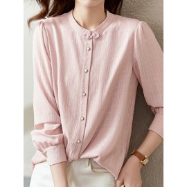 Women Plain Stand Collar Button Up Long Sleeve Shirt Women Plain Stand Collar Button Up Long Sleeve Shirt