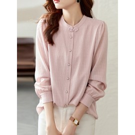 Women Plain Stand Collar Button Up Long Sleeve Shirt Women Plain Stand Collar Button Up Long Sleeve Shirt
