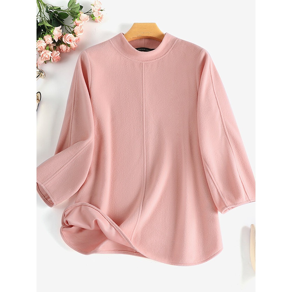 Women Solid Seam Detail Crew Neck Casual 3/4 Sleeve Blouse Women Solid Seam Detail Crew Neck Casual 3/4 Sleeve Blouse