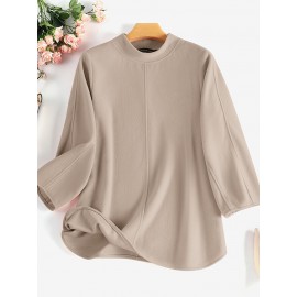 Women Solid Seam Detail Crew Neck Casual 3/4 Sleeve Blouse Women Solid Seam Detail Crew Neck Casual 3/4 Sleeve Blouse