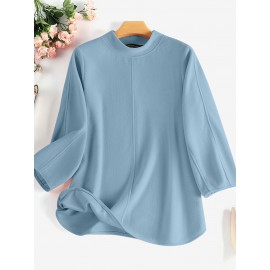 Women Solid Seam Detail Crew Neck Casual 3/4 Sleeve Blouse Women Solid Seam Detail Crew Neck Casual 3/4 Sleeve Blouse