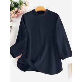 Women Solid Seam Detail Crew Neck Casual 3/4 Sleeve Blouse Women Solid Seam Detail Crew Neck Casual 3/4 Sleeve Blouse