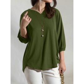 Women Solid V-Neck Knit Casual 3/4 Sleeve Blouse Women Solid V-Neck Knit Casual 3/4 Sleeve Blouse