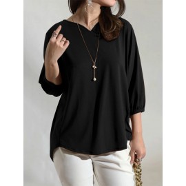Women Solid V-Neck Knit Casual 3/4 Sleeve Blouse Women Solid V-Neck Knit Casual 3/4 Sleeve Blouse