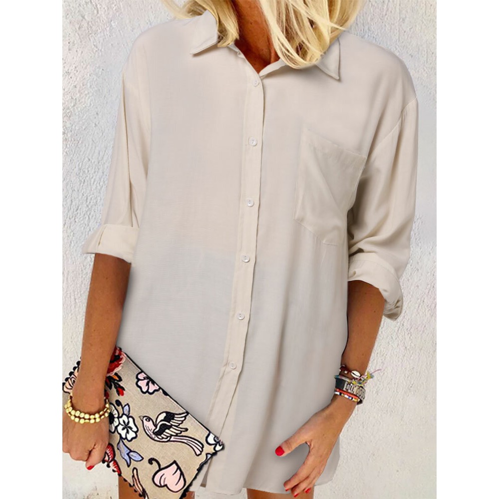 Women Solid Chest Pocket Irregular Hem Long Sleeve Shirt Women Solid Chest Pocket Irregular Hem Long Sleeve Shirt
