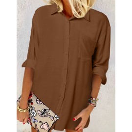 Women Solid Chest Pocket Irregular Hem Long Sleeve Shirt Women Solid Chest Pocket Irregular Hem Long Sleeve Shirt