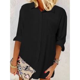 Women Solid Chest Pocket Irregular Hem Long Sleeve Shirt Women Solid Chest Pocket Irregular Hem Long Sleeve Shirt