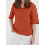 Women Solid V-Neck Cotton Casual Half Sleeve Blouse