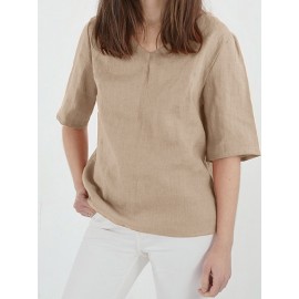 Women Solid V-Neck Cotton Casual Half Sleeve Blouse Women Solid V-Neck Cotton Casual Half Sleeve Blouse