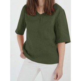 Women Solid V-Neck Cotton Casual Half Sleeve Blouse Women Solid V-Neck Cotton Casual Half Sleeve Blouse