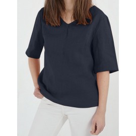 Women Solid V-Neck Cotton Casual Half Sleeve Blouse Women Solid V-Neck Cotton Casual Half Sleeve Blouse