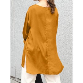 Women Solid Crew Neck High-Low Hem Long Sleeve Blouse Women Solid Crew Neck High-Low Hem Long Sleeve Blouse
