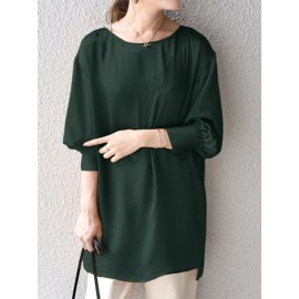 Women Solid Crew Neck High-Low Hem Long Sleeve Blouse Women Solid Crew Neck High-Low Hem Long Sleeve Blouse