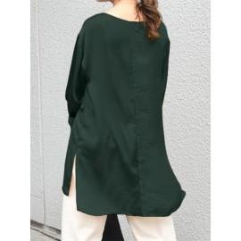 Women Solid Crew Neck High-Low Hem Long Sleeve Blouse Women Solid Crew Neck High-Low Hem Long Sleeve Blouse