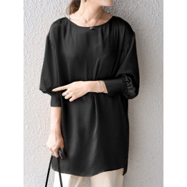 Women Solid Crew Neck High-Low Hem Long Sleeve Blouse Women Solid Crew Neck High-Low Hem Long Sleeve Blouse