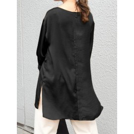 Women Solid Crew Neck High-Low Hem Long Sleeve Blouse Women Solid Crew Neck High-Low Hem Long Sleeve Blouse